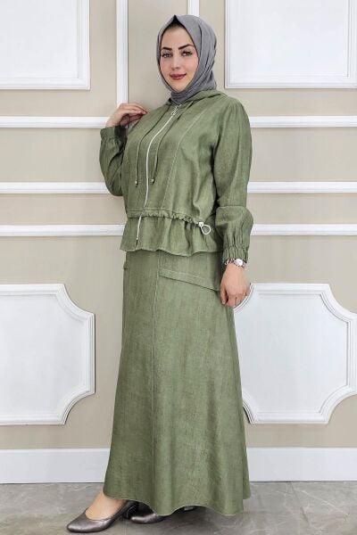 KADIN KAPÜŞONLU ETEKLİ TESETTÜR TAKIM HAKİ - 3 BEDEN