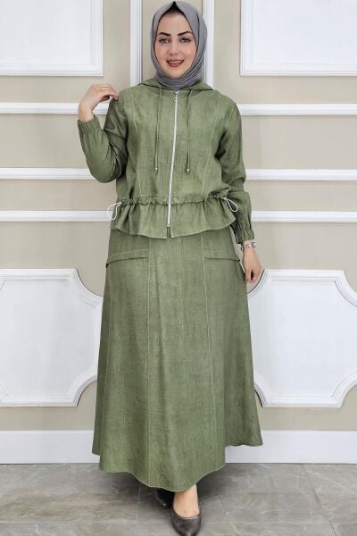 KADIN KAPÜŞONLU ETEKLİ TESETTÜR TAKIM HAKİ - 3 BEDEN