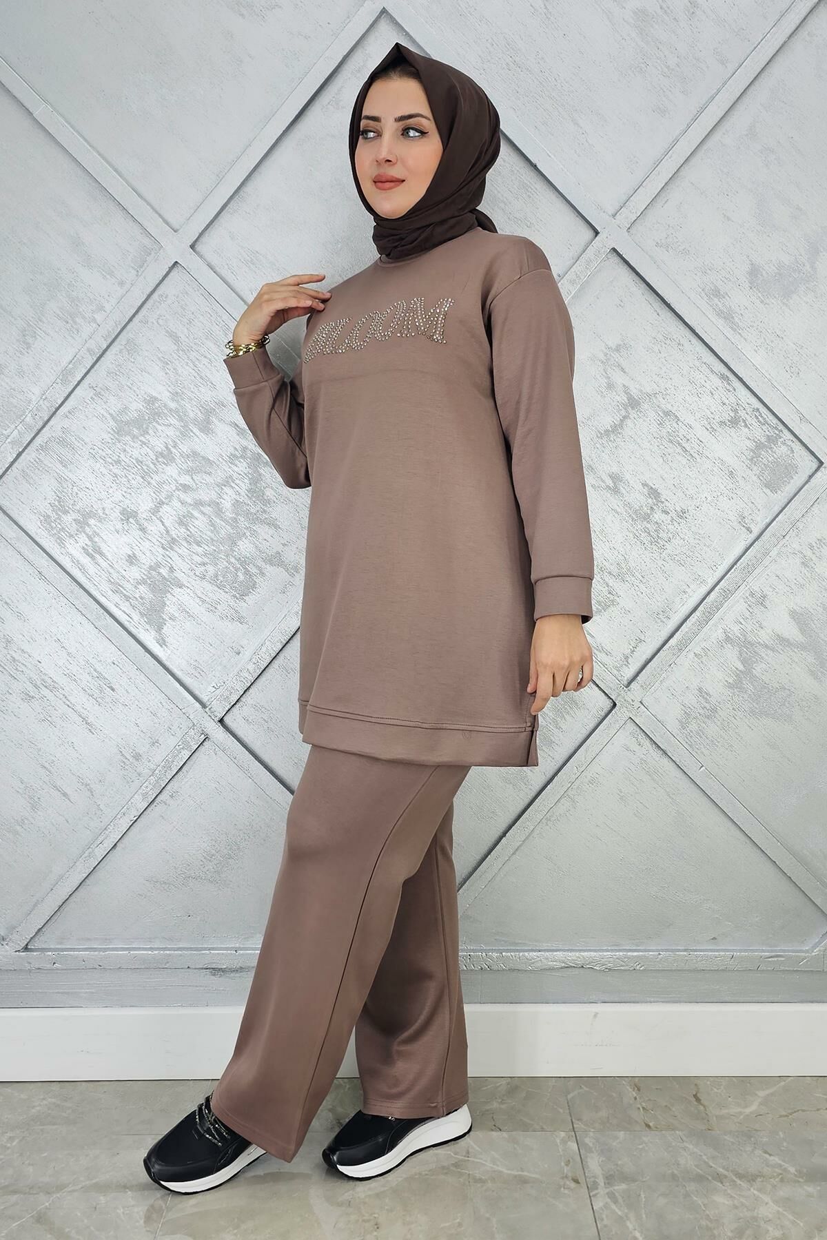 KADIN TAŞ BASKI DETAYLI TESETTÜR TAKIM VİZON - 2XL