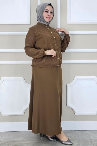 PYS KADIN YAY DESENLİ TESETTÜR TAKIM KAHVERENGİ - 4 BEDEN