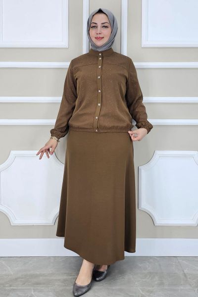 PYS KADIN YAY DESENLİ TESETTÜR TAKIM KAHVERENGİ - 4 BEDEN