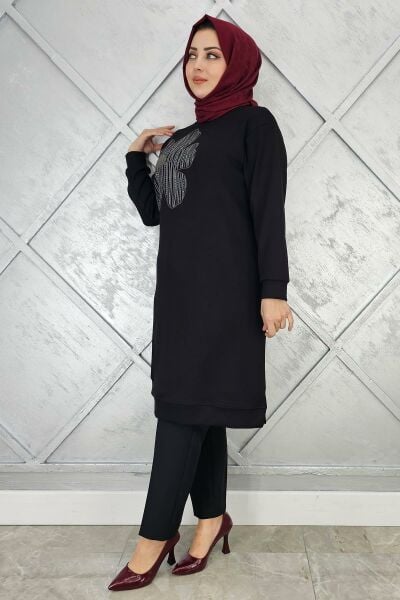 KADIN BASKI DETAYLI TESETTÜR TUNİK SİYAH - 2 BEDEN