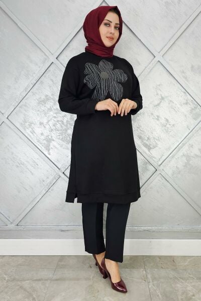 KADIN BASKI DETAYLI TESETTÜR TUNİK SİYAH - 2 BEDEN
