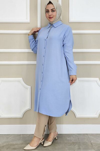 PYS KADIN BROŞLU TESETTÜR GÖMLEK MAVİ - 4 BEDEN