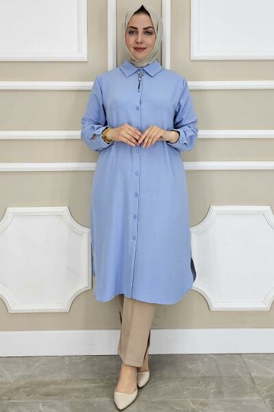 PYS KADIN BROŞLU TESETTÜR GÖMLEK MAVİ - 4 BEDEN