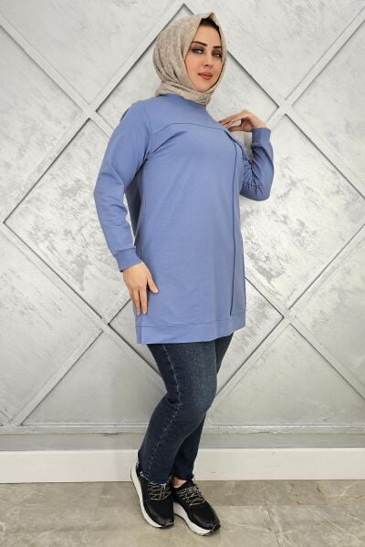 KADIN CEBİ TAŞ VE PÜSKÜL AKSESUAR DETAYLI TESETTÜR TUNİK MAVİ - 2XL
