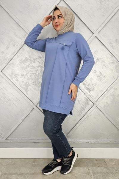 KADIN CEBİ TAŞ VE PÜSKÜL AKSESUAR DETAYLI TESETTÜR TUNİK MAVİ - 2XL
