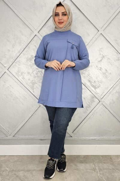 KADIN CEBİ TAŞ VE PÜSKÜL AKSESUAR DETAYLI TESETTÜR TUNİK MAVİ - 2XL