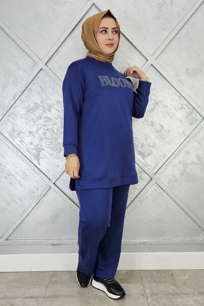 KADIN TAŞ BASKI DETAYLI TESETTÜR TAKIM İNDİGO - 3XL