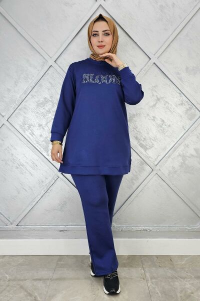 KADIN TAŞ BASKI DETAYLI TESETTÜR TAKIM İNDİGO - 3XL