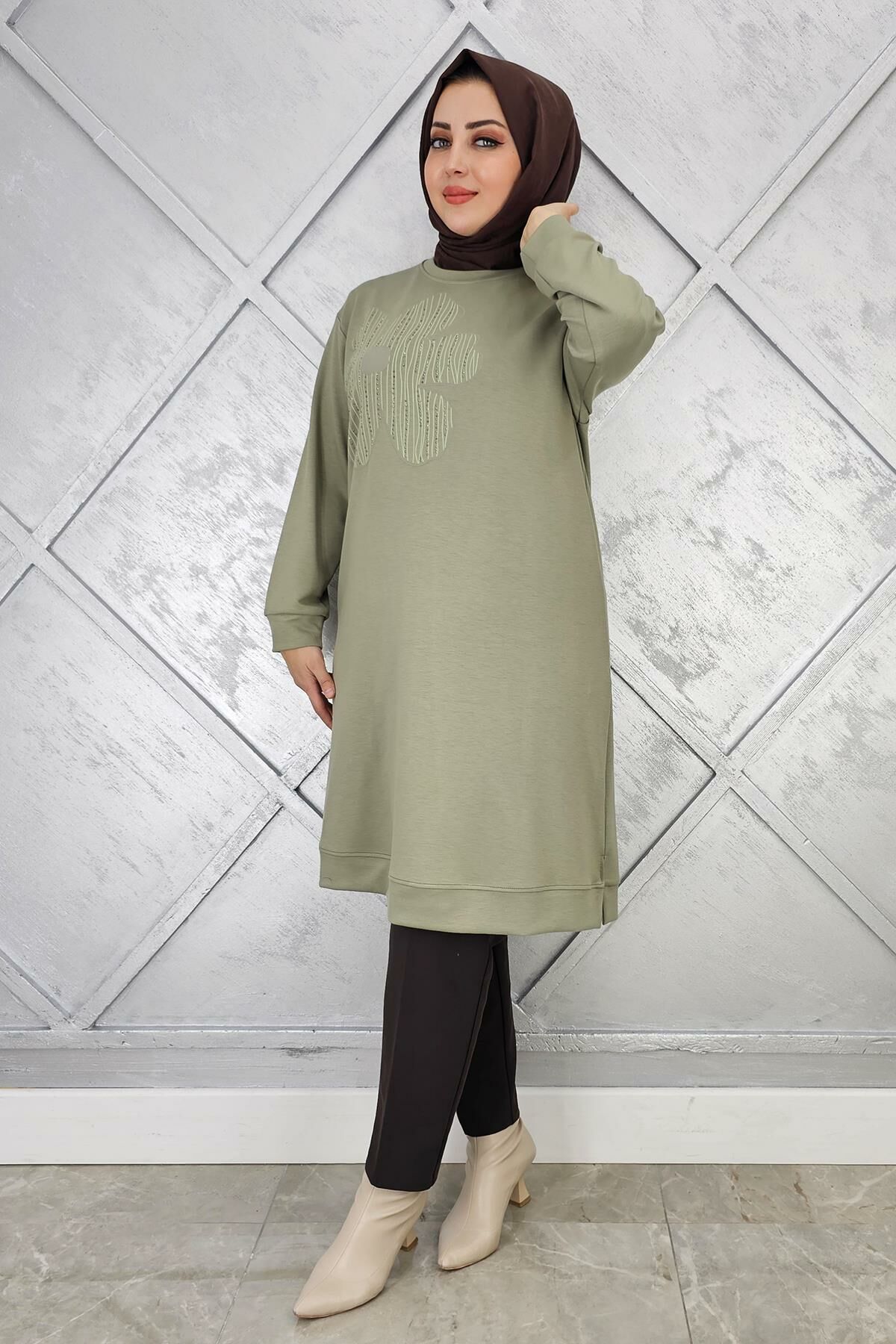 KADIN BASKI DETAYLI TESETTÜR TUNİK HAKİ - 3 BEDEN