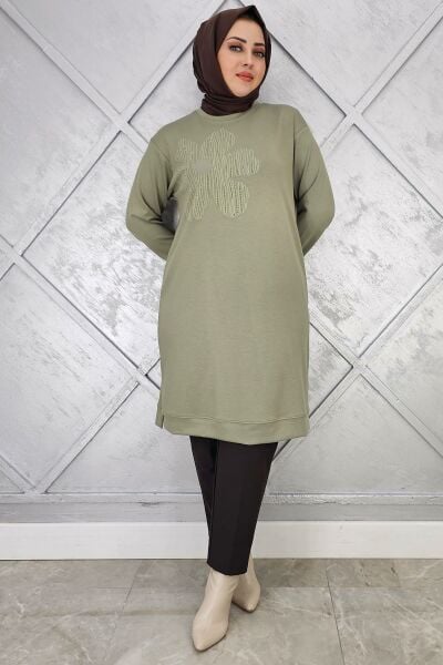 KADIN BASKI DETAYLI TESETTÜR TUNİK HAKİ - 3 BEDEN