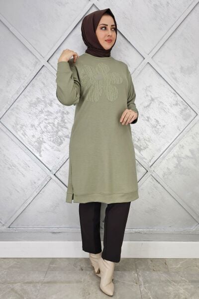 KADIN BASKI DETAYLI TESETTÜR TUNİK HAKİ - 3 BEDEN