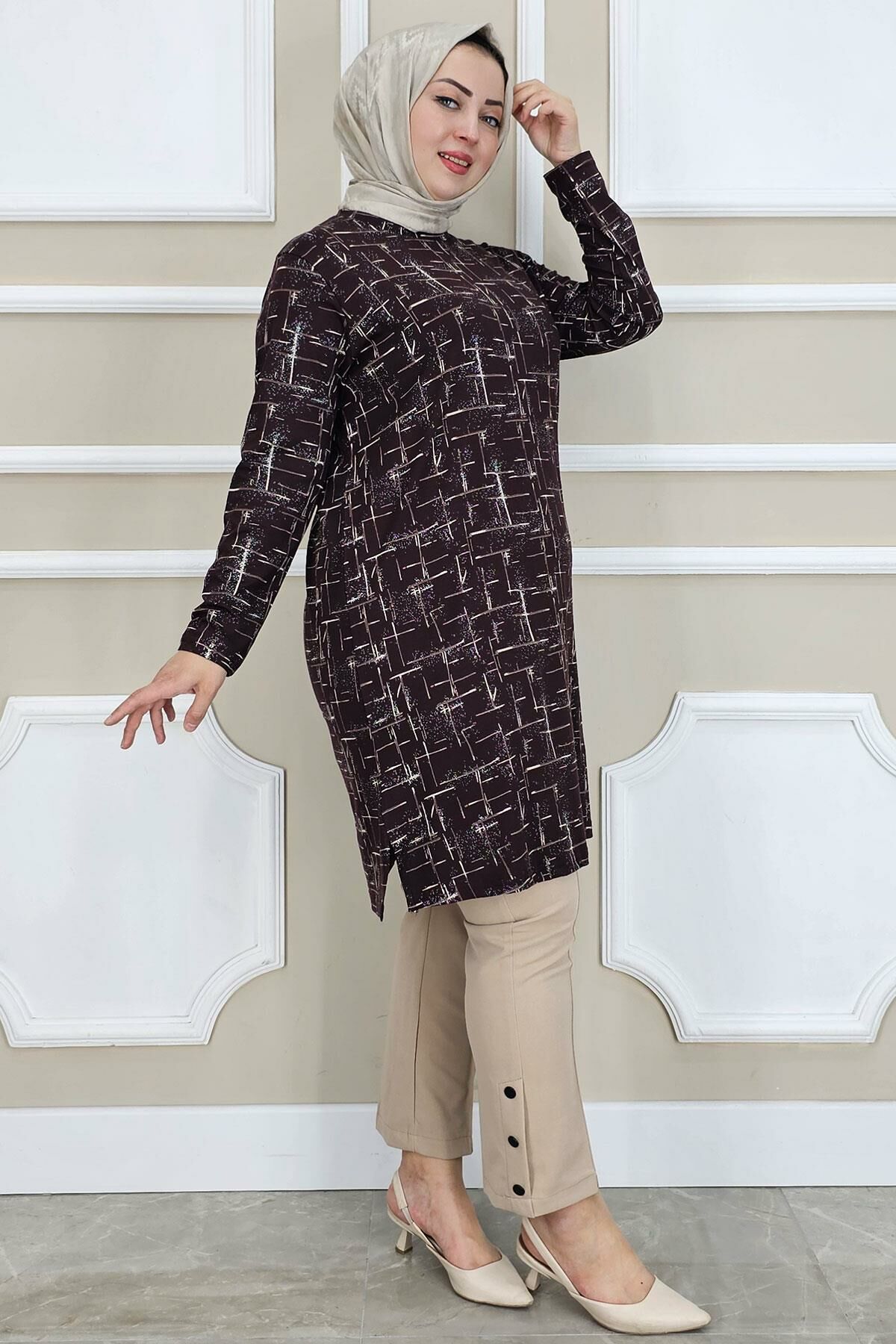 PYS KADIN DESENLİ TESETTÜR TUNİK KAHVERENGİ - 3 BEDEN