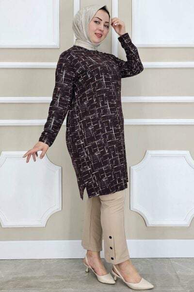 PYS KADIN DESENLİ TESETTÜR TUNİK KAHVERENGİ - 3 BEDEN