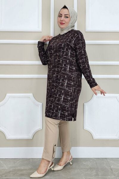PYS KADIN DESENLİ TESETTÜR TUNİK KAHVERENGİ - 3 BEDEN