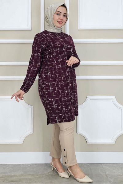 PYS KADIN DESENLİ TESETTÜR TUNİK BORDO - 2 BEDEN