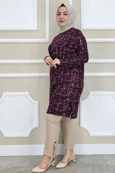 PYS KADIN DESENLİ TESETTÜR TUNİK BORDO - 2 BEDEN