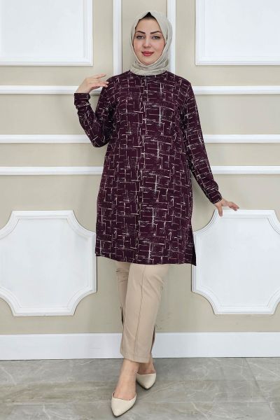 PYS KADIN DESENLİ TESETTÜR TUNİK BORDO - 2 BEDEN