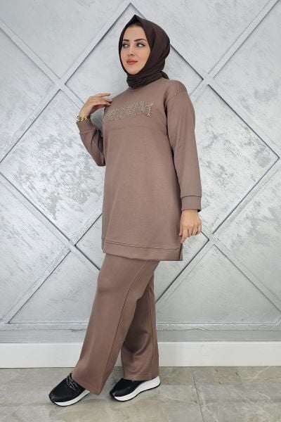 KADIN TAŞ BASKI DETAYLI TESETTÜR TAKIM VİZON - 3XL