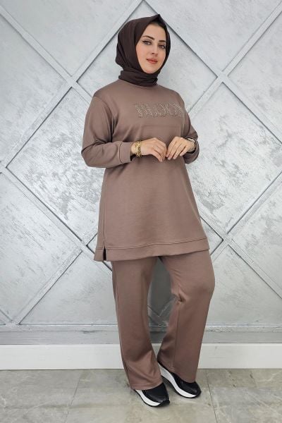 KADIN TAŞ BASKI DETAYLI TESETTÜR TAKIM VİZON - 3XL