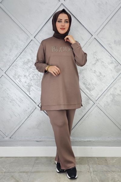 KADIN TAŞ BASKI DETAYLI TESETTÜR TAKIM VİZON - 3XL