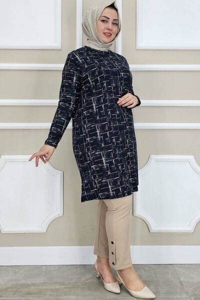 PYS KADIN DESENLİ TESETTÜR TUNİK LACİVERT - 4 BEDEN