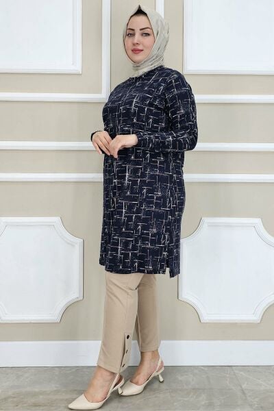PYS KADIN DESENLİ TESETTÜR TUNİK LACİVERT - 4 BEDEN
