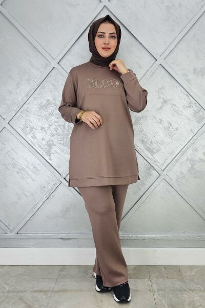 KADIN TAŞ BASKI DETAYLI TESETTÜR TAKIM VİZON - XL