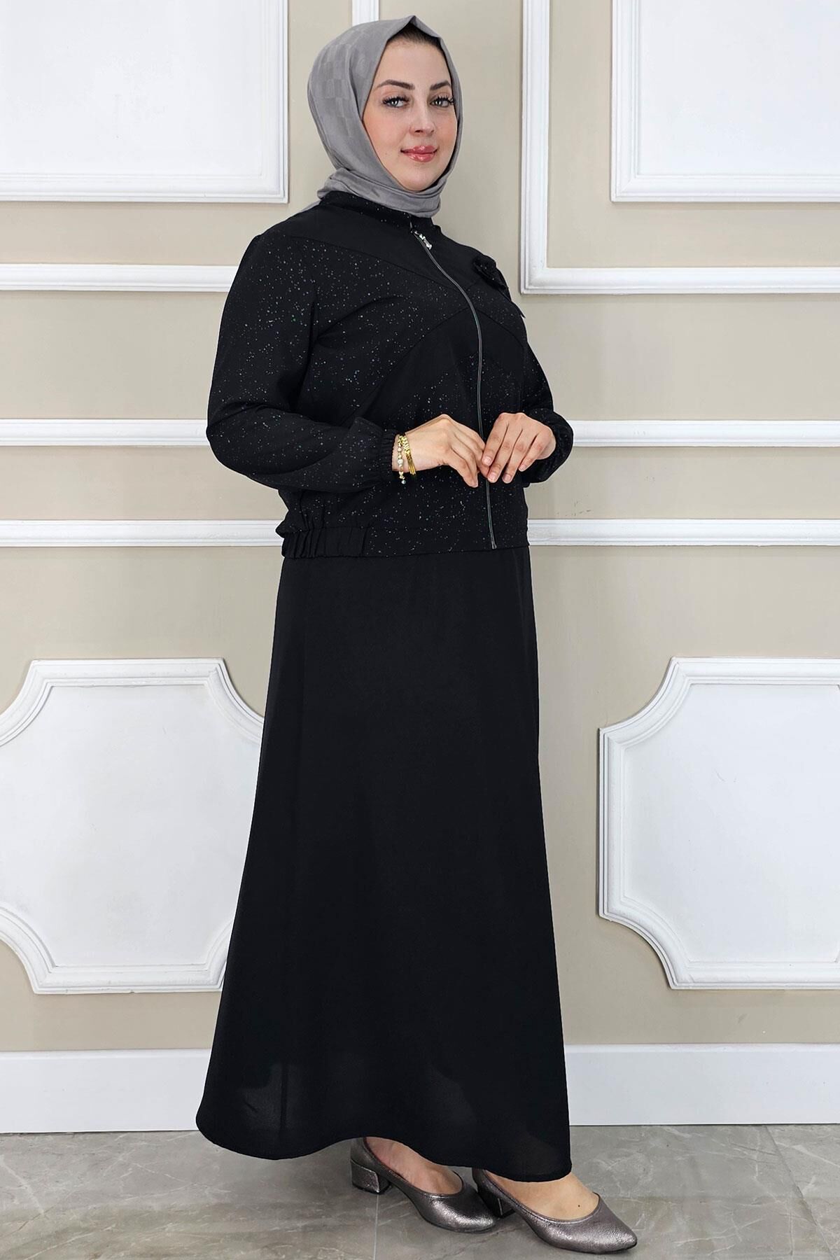 PYS KADIN TAŞ DETAYLI SİMLİ TESETTÜR TAKIM SİYAH - 5 BEDEN