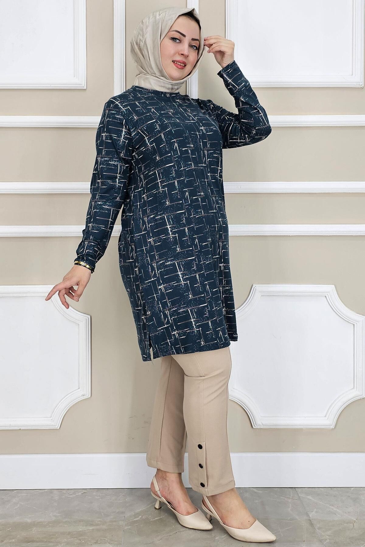 PYS KADIN DESENLİ TESETTÜR TUNİK PETROL YEŞİLİ - 2 BEDEN