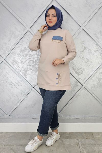 KADIN DÜĞME VE CEP GÖRÜNÜM DETAYLI TESETTÜR TUNİK BEJ - L