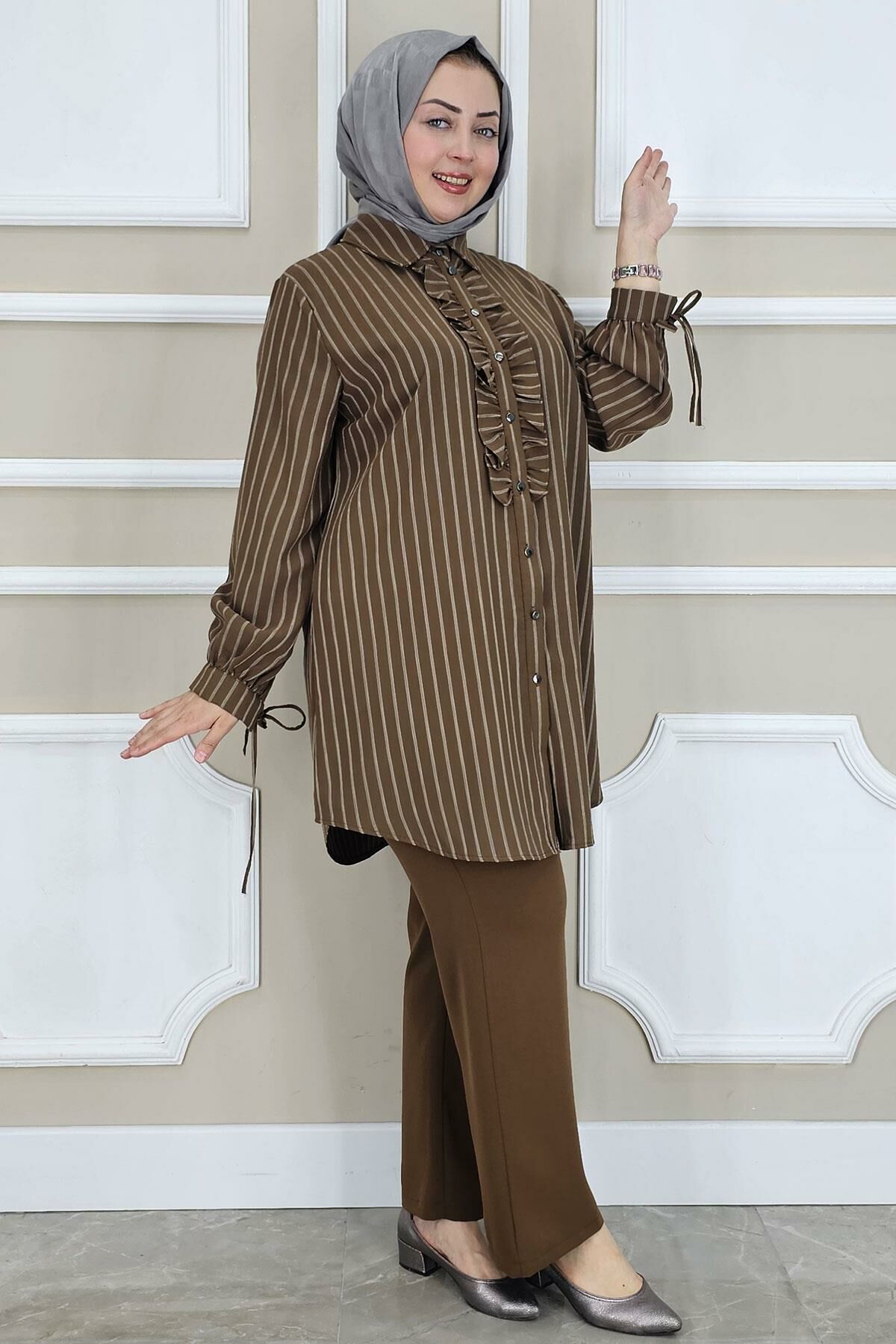 PYS KADIN ÇİGİLİ FIRFIRLI GÖMLEK PANTOLON TESETTÜR TAKIM KAHVERENGİ - 5 BEDEN