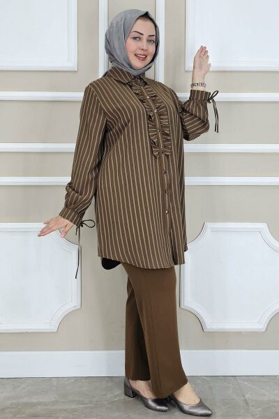 PYS KADIN ÇİGİLİ FIRFIRLI GÖMLEK PANTOLON TESETTÜR TAKIM KAHVERENGİ - 5 BEDEN