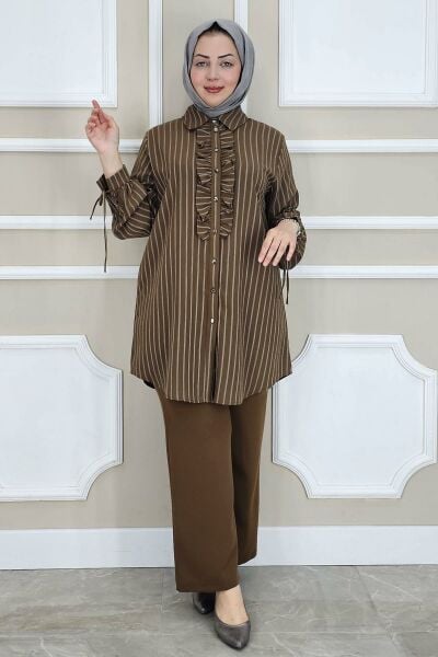 PYS KADIN ÇİGİLİ FIRFIRLI GÖMLEK PANTOLON TESETTÜR TAKIM KAHVERENGİ - 5 BEDEN