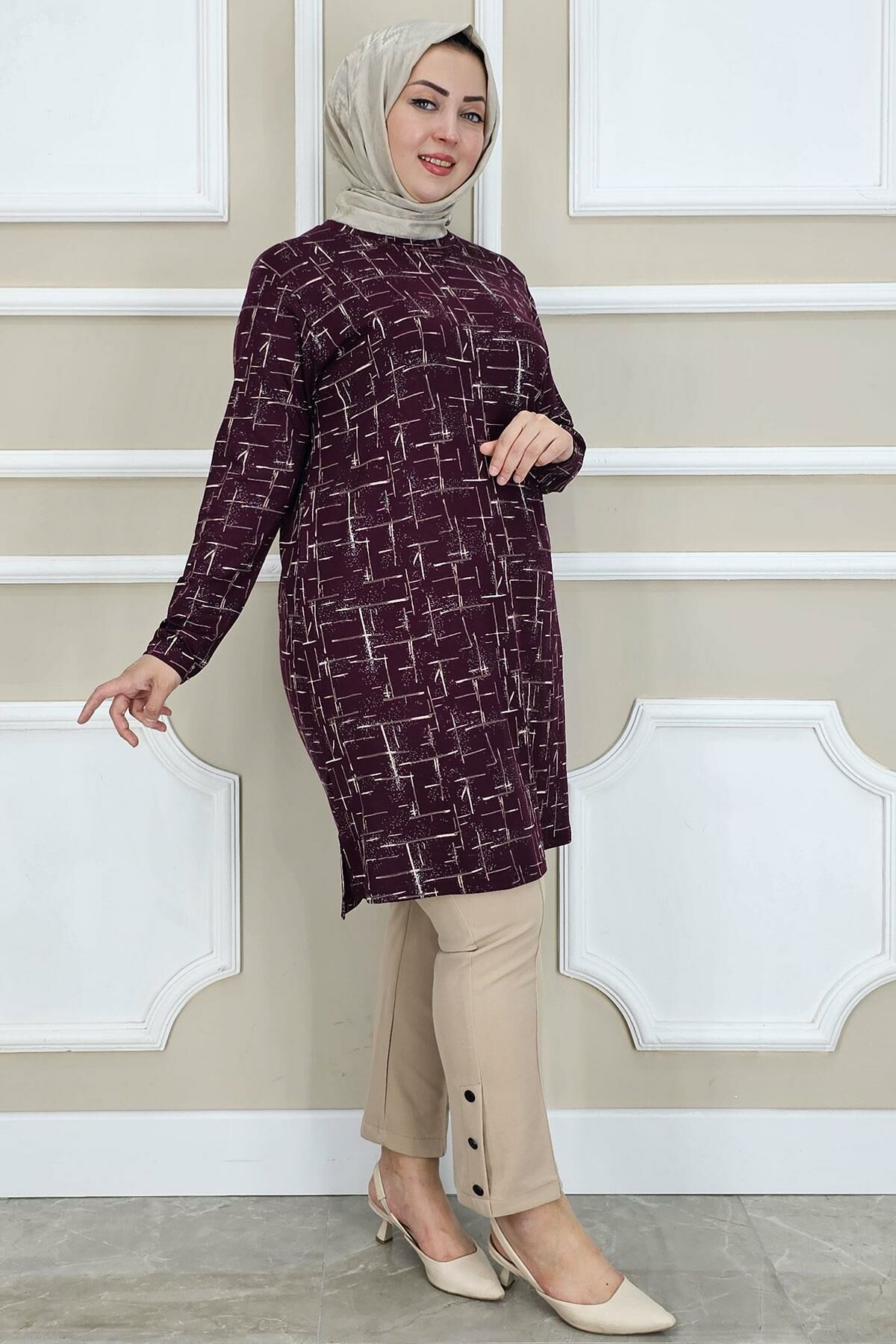 PYS KADIN DESENLİ TESETTÜR TUNİK BORDO - 3 BEDEN