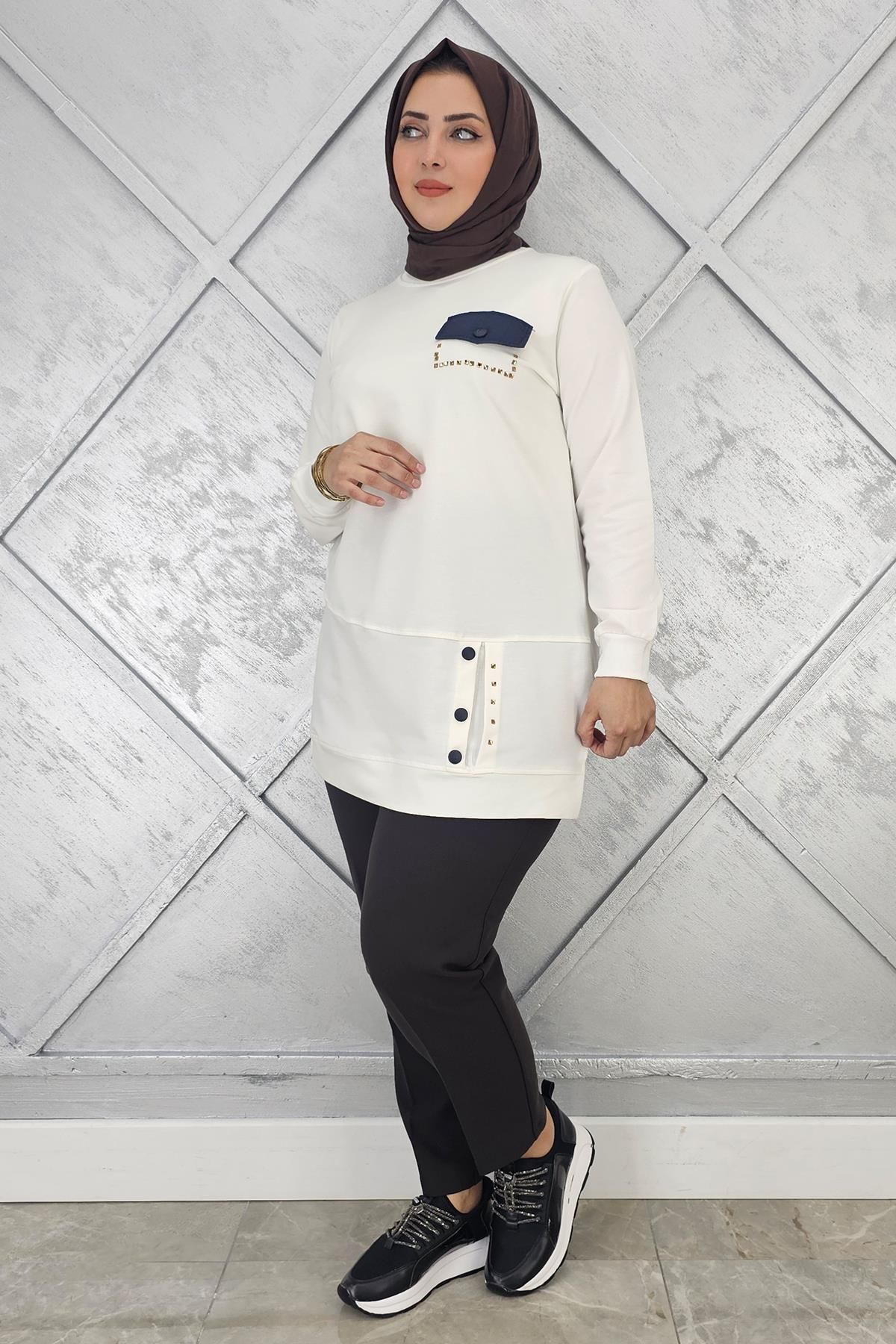 KADIN DÜĞME VE CEP GÖRÜNÜM DETAYLI TESETTÜR TUNİK EKRU - 3XL