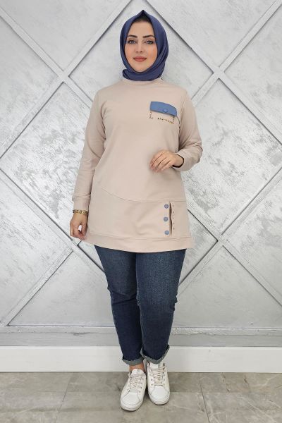 KADIN DÜĞME VE CEP GÖRÜNÜM DETAYLI TESETTÜR TUNİK BEJ - 3XL