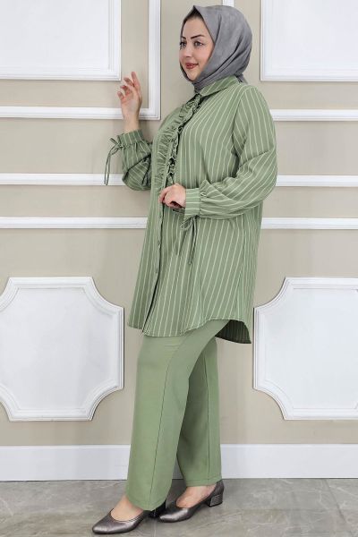 PYS KADIN ÇİGİLİ FIRFIRLI GÖMLEK PANTOLON TESETTÜR TAKIM YEŞİL - 3 BEDEN