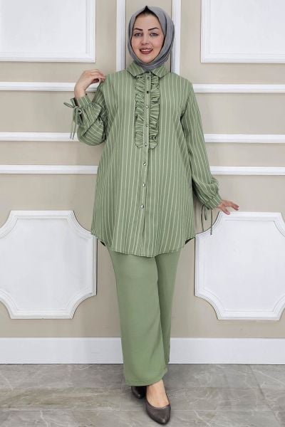 PYS KADIN ÇİGİLİ FIRFIRLI GÖMLEK PANTOLON TESETTÜR TAKIM YEŞİL - 3 BEDEN