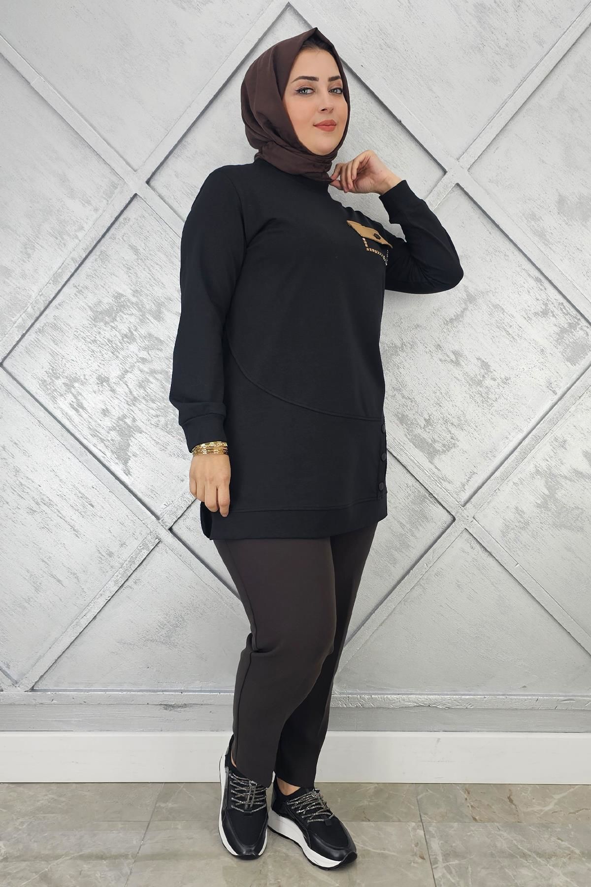 KADIN DÜĞME VE CEP GÖRÜNÜM DETAYLI TESETTÜR TUNİK SİYAH - 2XL