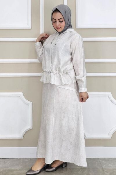 KADIN KAPÜŞONLU ETEKLİ TESETTÜR TAKIM TAŞ - 4 BEDEN