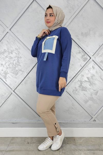 KADIN KOMBİNLİ SALLANTI AKSESUAR DETAYLI TESETTÜR TUNİK İNDİGO - 3 BEDEN