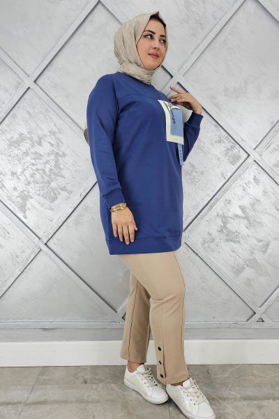 KADIN KOMBİNLİ SALLANTI AKSESUAR DETAYLI TESETTÜR TUNİK İNDİGO - 3 BEDEN