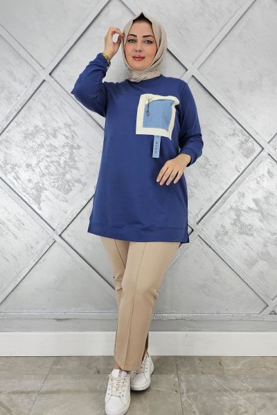KADIN KOMBİNLİ SALLANTI AKSESUAR DETAYLI TESETTÜR TUNİK İNDİGO - 3 BEDEN