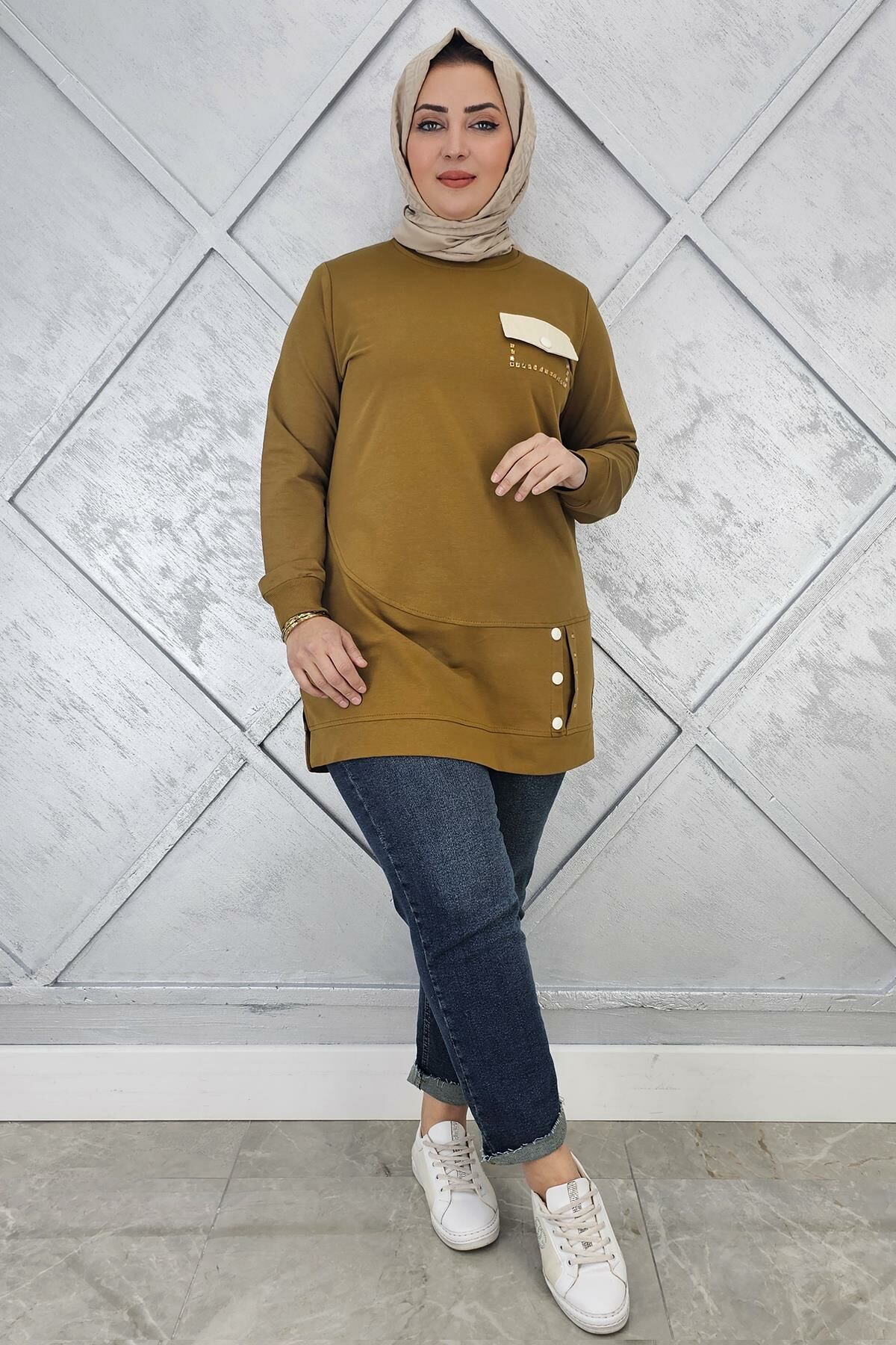 KADIN DÜĞME VE CEP GÖRÜNÜM DETAYLI TESETTÜR TUNİK YAĞ YEŞİLİ - 2XL