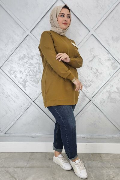 KADIN DÜĞME VE CEP GÖRÜNÜM DETAYLI TESETTÜR TUNİK YAĞ YEŞİLİ - 2XL