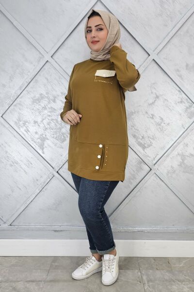 KADIN DÜĞME VE CEP GÖRÜNÜM DETAYLI TESETTÜR TUNİK YAĞ YEŞİLİ - 2XL