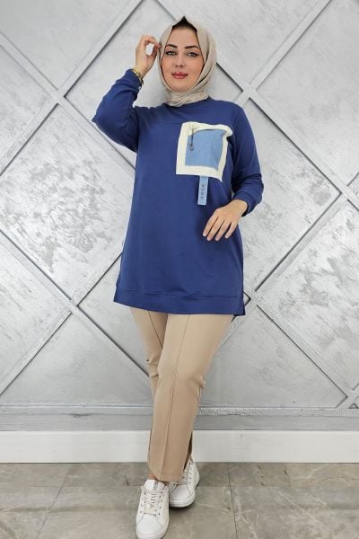 KADIN KOMBİNLİ SALLANTI AKSESUAR DETAYLI TESETTÜR TUNİK İNDİGO - 4 BEDEN