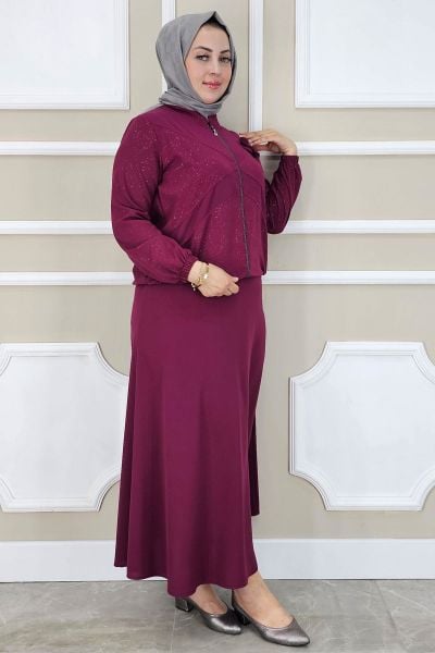 PYS KADIN TAŞ DETAYLI SİMLİ TESETTÜR TAKIM BORDO - 2 BEDEN